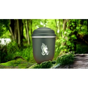 Biodegradable Cremation Ashes Funeral Urn / Casket - GALLANT GREY with SILVER PRAYING HANDS